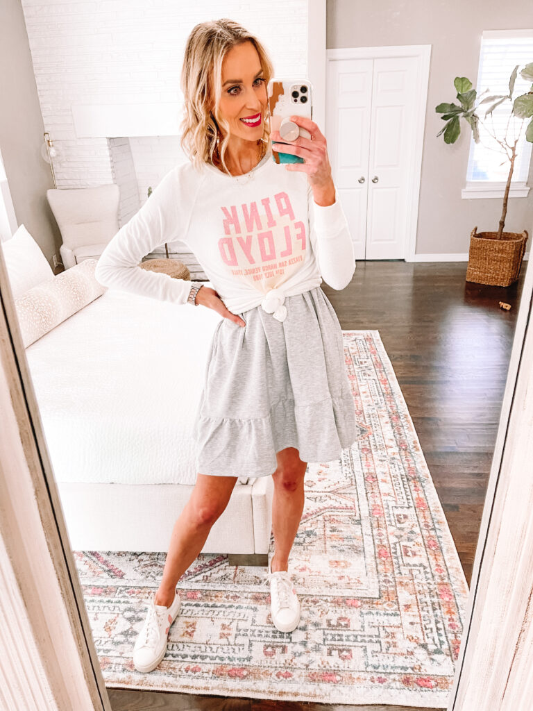 This grey tiered sweatshirt dress is adorable and just $18! I'll show you how to style a sweatshirt dress 8 different ways in today's blog post! 