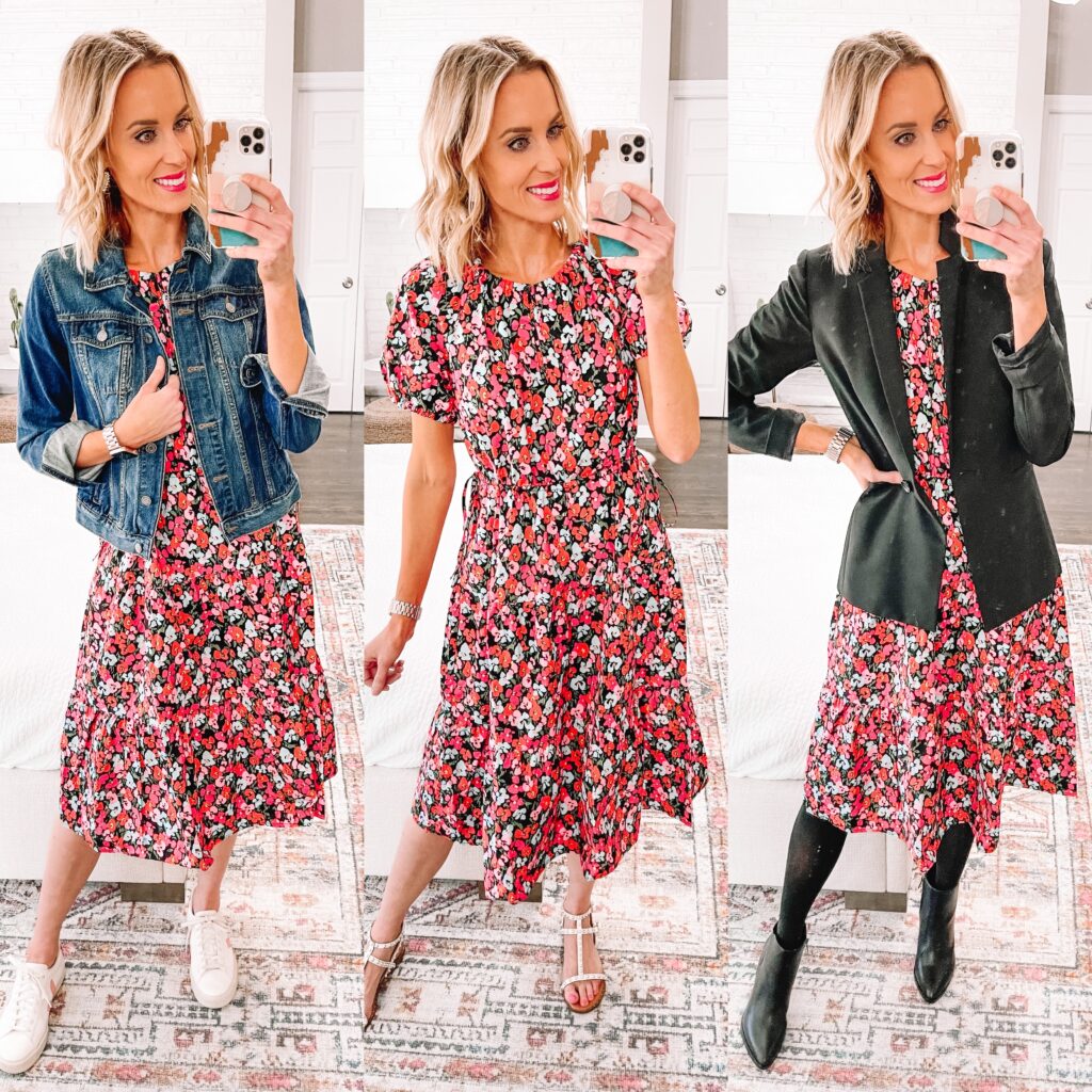 Which way would you wear this dark floral midi dress? Wear now and later!