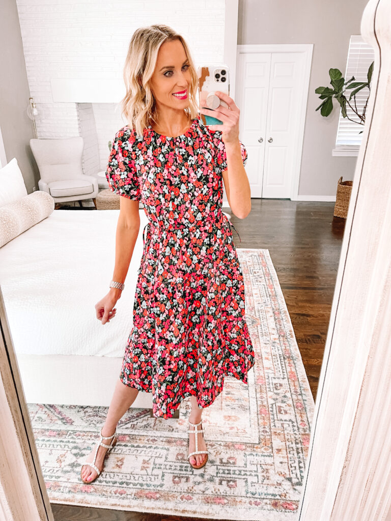 I have a huge Walmart spring try on for you including some adorable spring dresses and easy to wear tops! This tie waist dark floral midi dress is so cute!