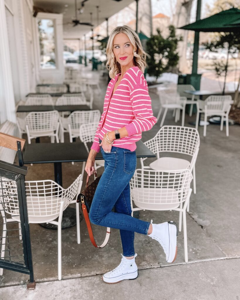 This pink and white striped cardigan is so fun with my favorite skinny jeans and platform converse. 