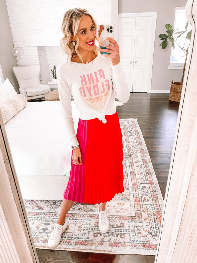 How gorgeous is this $28 bright red and pink midi skirt?! Today I am sharing 4 ways to style a midi skirt. All are easy and affordable! Like this adorable $14 graphic tee. 