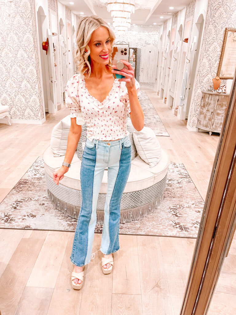 Come spring shopping at Woodland Hills Mall with me! I'm stopping by multiple of their retailers to check out all the new spring arrivals! I love the options at Altar'd State like these fun and funky flare jeans!