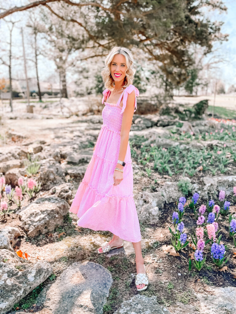 Rounding up three of my favorite Amazon tie shoulder maxi dresses all perfect for summer! You will love the style of these! This pink and white gingham seersucker has been a long time favorite!