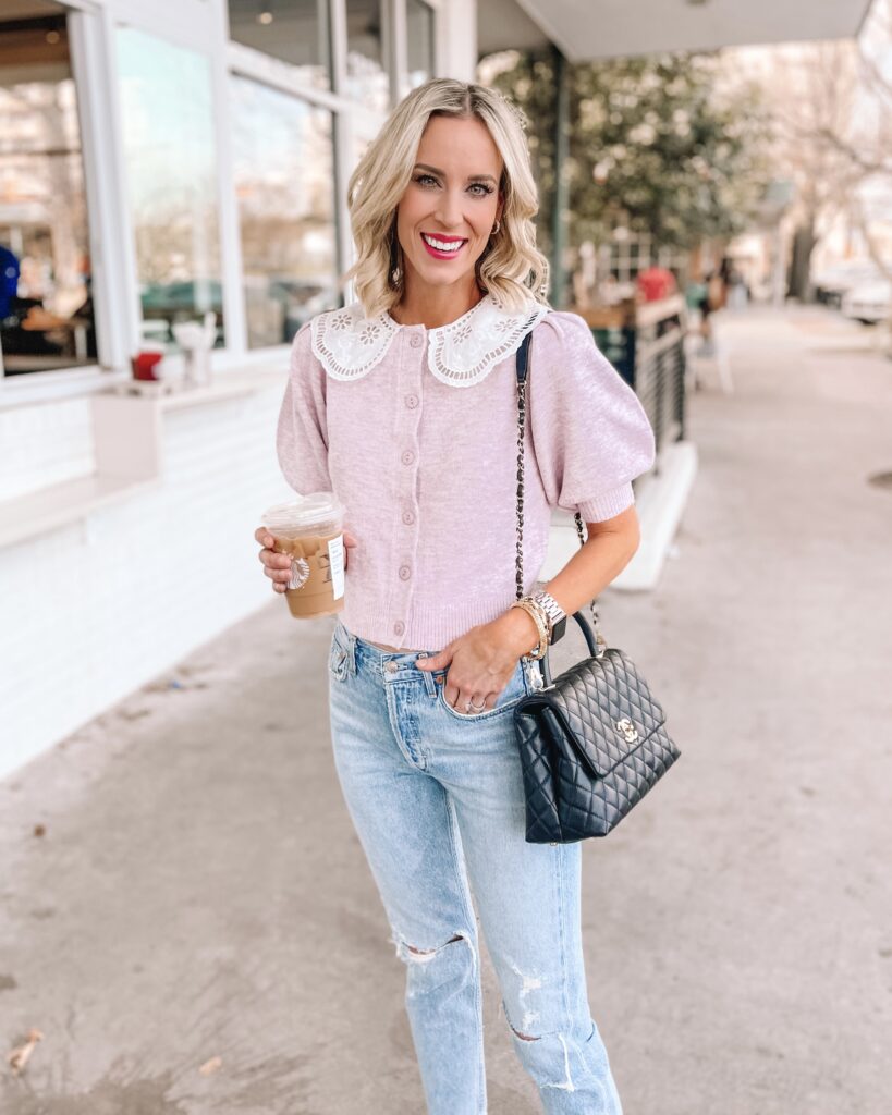 This lavender spring cardigan with eyelet collar detail is seriously the cutest spring sweater and an addition you'll love having in your closet! I paired it with distressed jeans for an easy, casual look. 