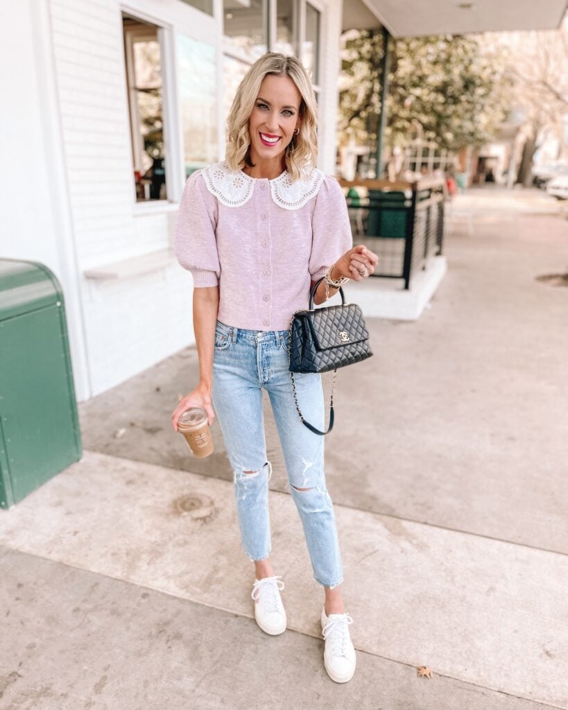 This lavender spring cardigan with eyelet collar detail is seriously the cutest spring sweater and an addition you'll love having in your closet!