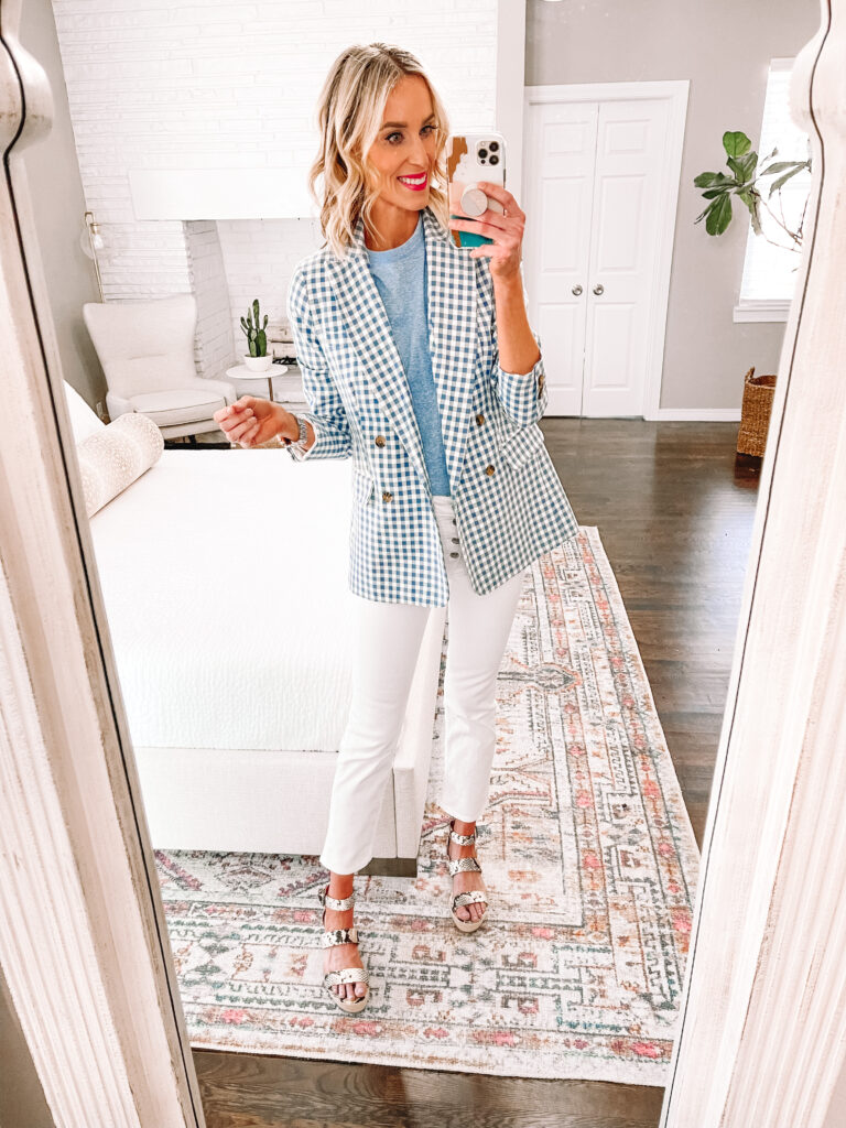 I am sharing a mix and match Walmart Free Assembly try on with pieces that could make a spring capsule wardrobe. Most are under $30! This adorable gingham blazer is perfect with white jeans. 