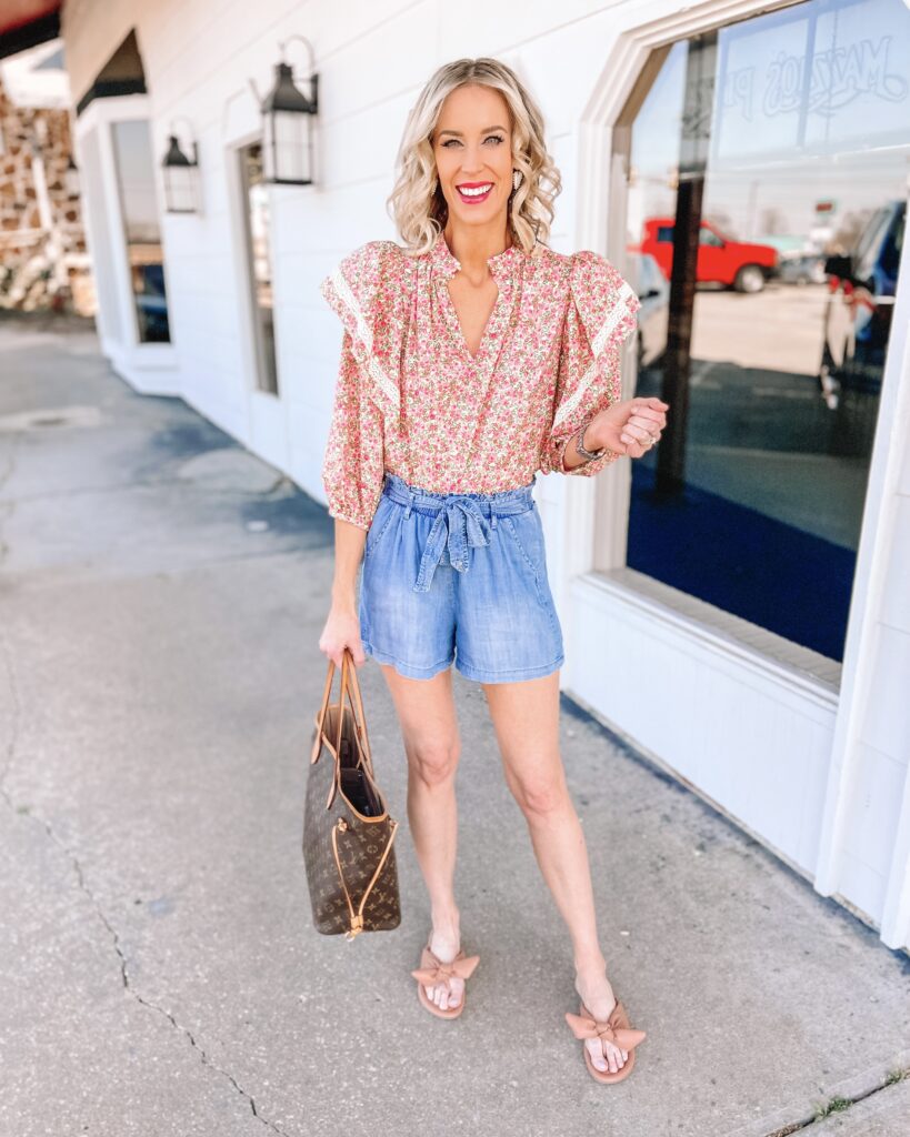 Sharing how to style this Target floral blouse styled 3 ways today on the blog! It's super cute and just $33! I love it with this super soft $23 pair of chambray paperbag waist shorts. 