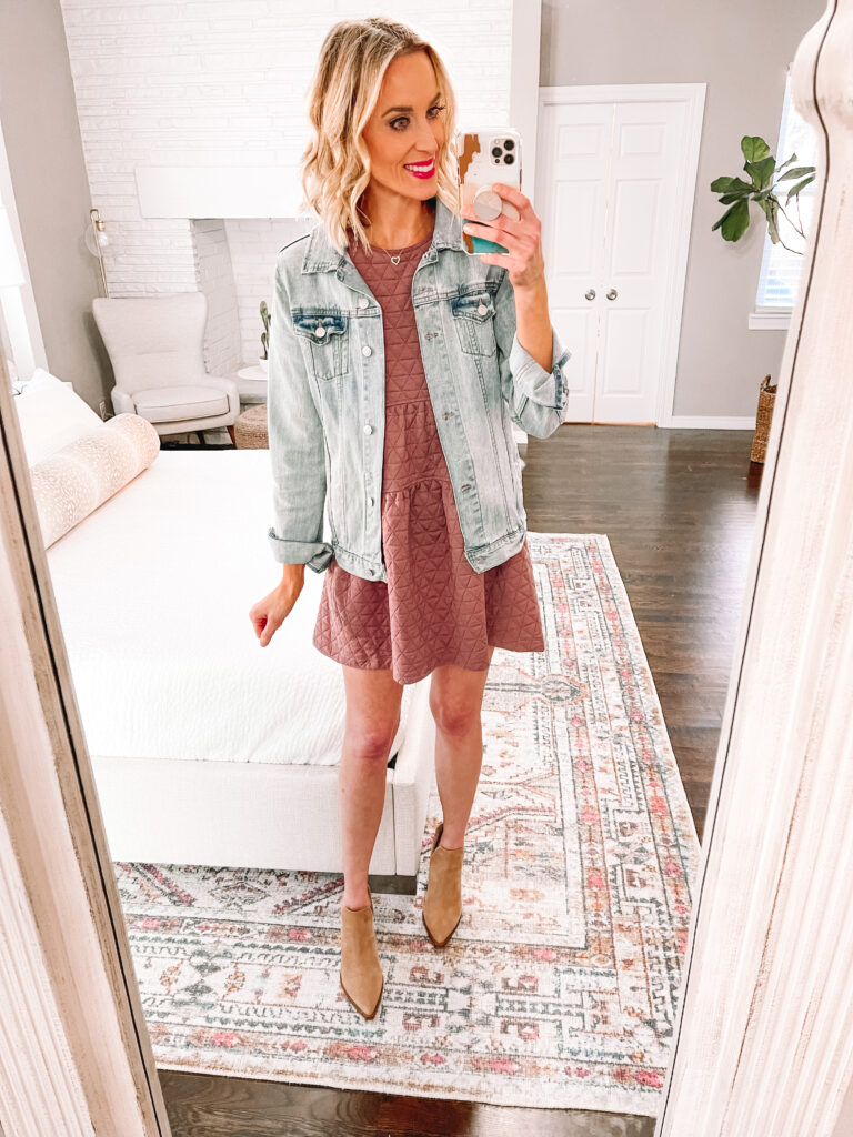 Have a cute, short dress and wondering how to wear a spring dress now and later? When the temps are still chilly outside but you want to wear those cute dresses now, I've got you covered with some easy outfit ideas! For cooler, early spring days try booties and a jacket.