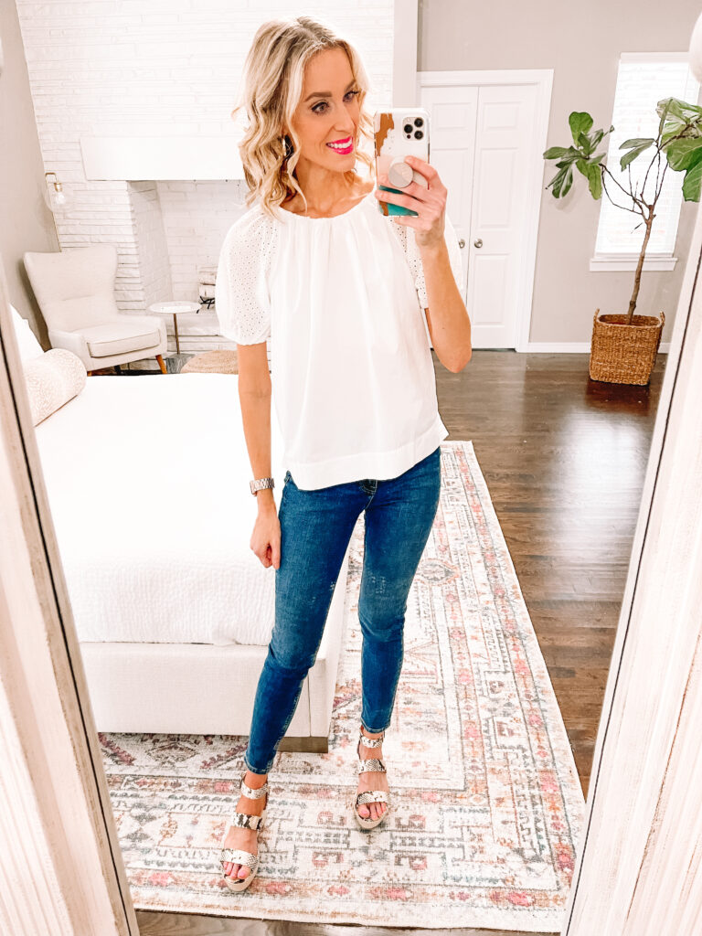 I'm sharing a huge Free Assembly April try on haul including easy mix and match basics like this white eyelet sleeve top! Click to see it styled 3 ways. 