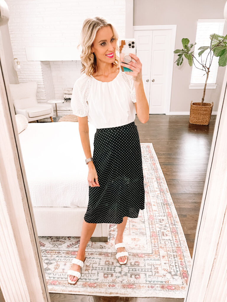 I'm sharing a huge Free Assembly April try on haul including easy mix and match basics like this white eyelet sleeve top!