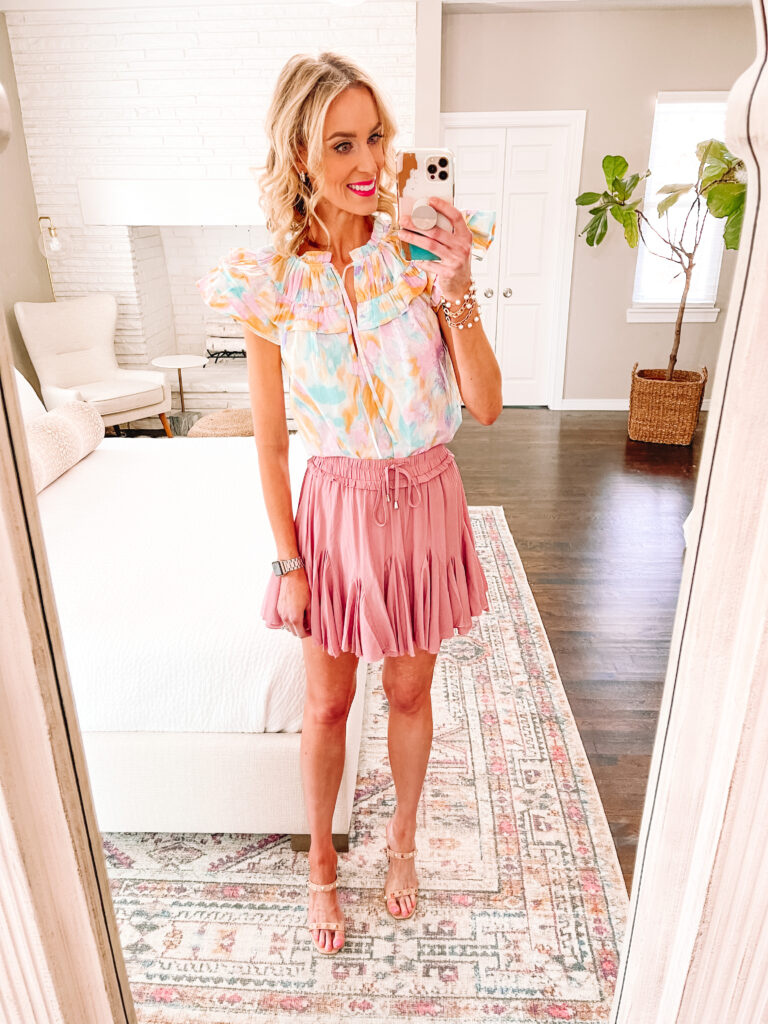 I LOVE this cotton candy tie dye blouse. The colors are fantastic in person! Today I'm sharing this 1 spring blouse 4 ways. Try dressing it up with a skirt for date night.