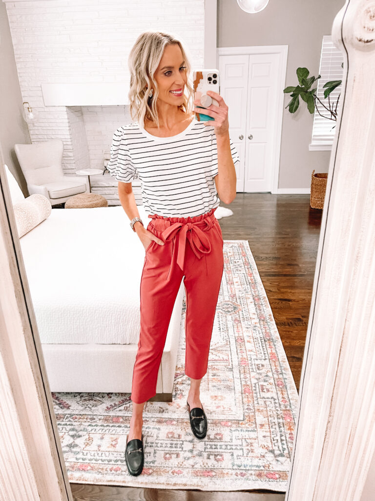 I'm rounding up some of my favorite casual tops still in stock. These are honestly the pieces in my wardrobe that get the most wear and ca easily be dressed up or down like this striped top with puff sleeves. 
