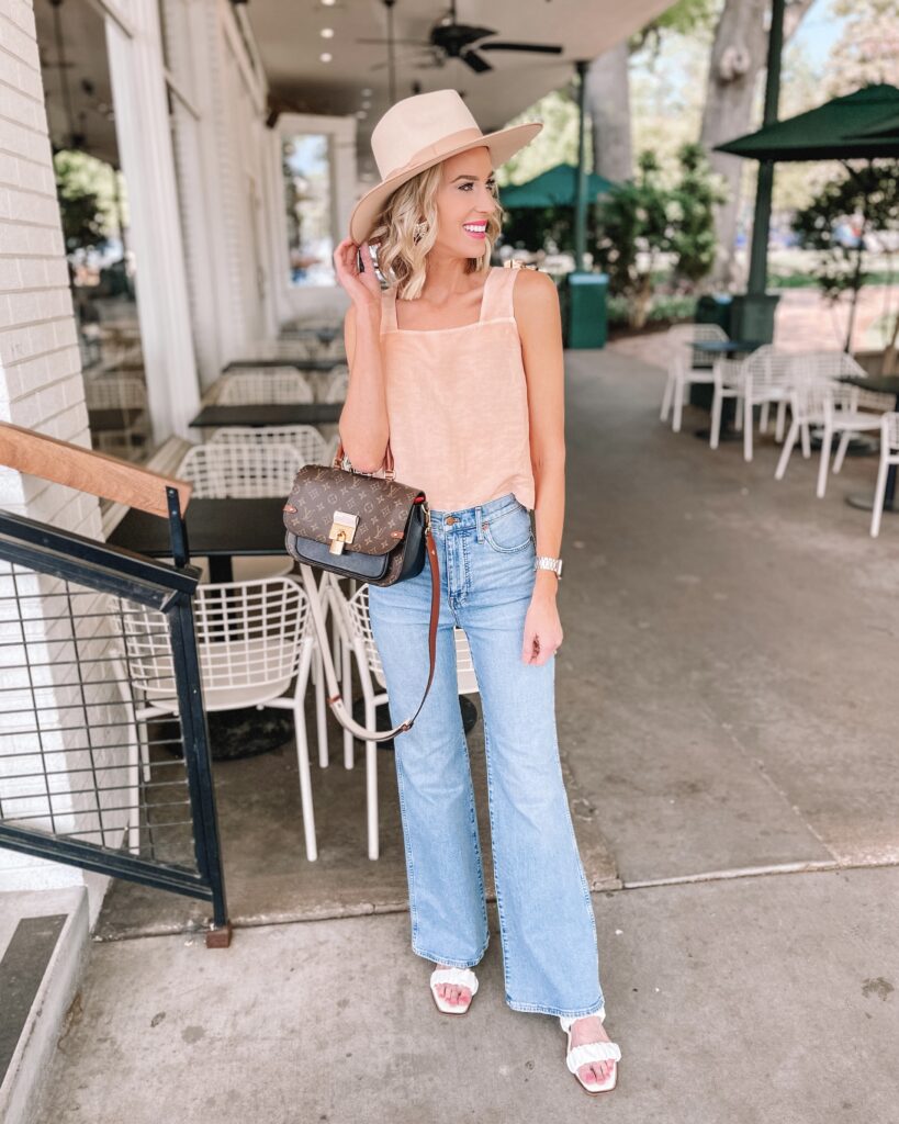 I love these Madewell flare jeans! They are especially great paired with a shorter top like this peachy colored tank top. 
