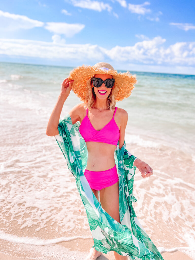 I present to you the best of Amazon high waisted bikinis AND coverups. Swimsuits that actually cover, make you feel cute, and are $35 or under. This bright pink bikini paired with a palm print kimono is so fun!