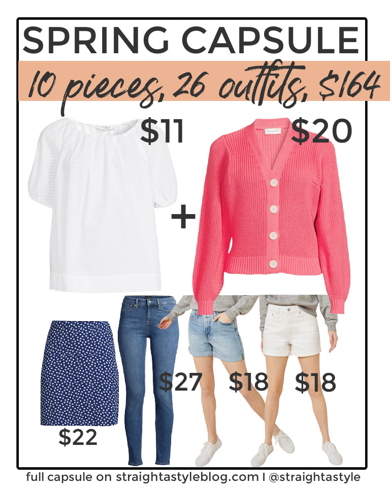 I am SO excited to share this dressy casual spring and summer capsule wardrobe that includes 10 pieces making up 26 outfits for just $164!! Click to see the full capsule.