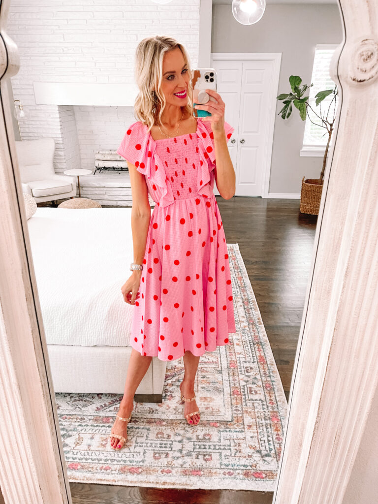 I am sharing a super FUN Walmart dress try on with you today. These 3 dresses are colorful and perfect for graduation, weddings, or anything! This pink and red polka dot midi dress is a favorite!