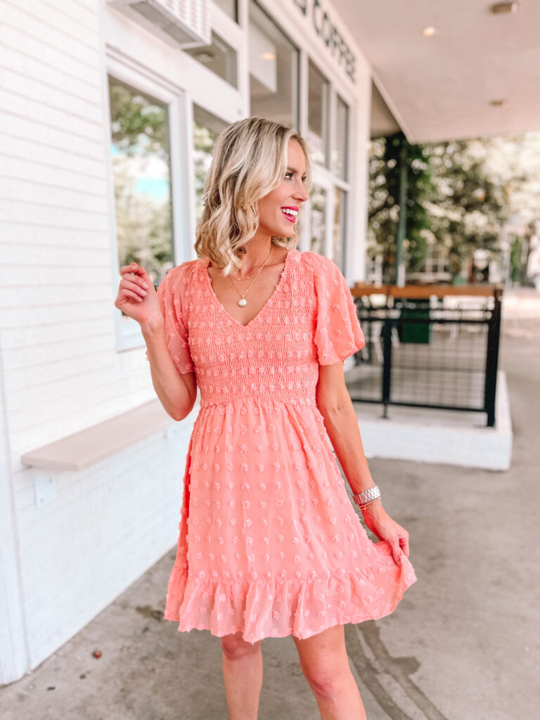 I'm rounding up the best of Amazon short dresses today just in time for spring and summer. These will take you from the beach to weddings and everything in between! This is the prettiest peach swiss dot dress.