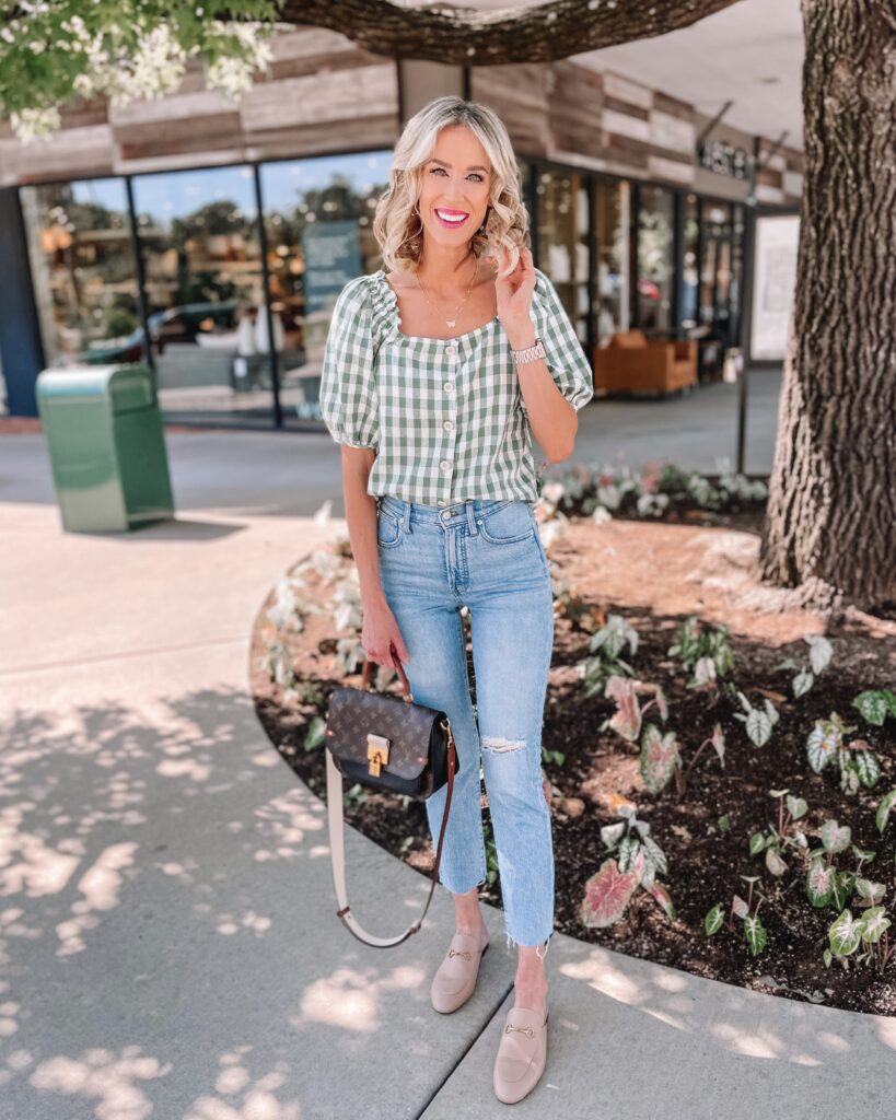 I love a good casual jeans outfit idea! This adorable green gingham top paired with my favorite Madewell jeans is an easy, adorable look! 