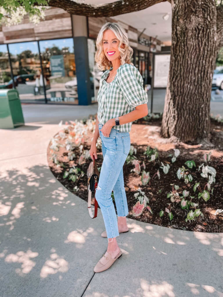 I love a good casual jeans outfit idea! This adorable green gingham top paired with my favorite Madewell jeans is an easy, adorable look! 