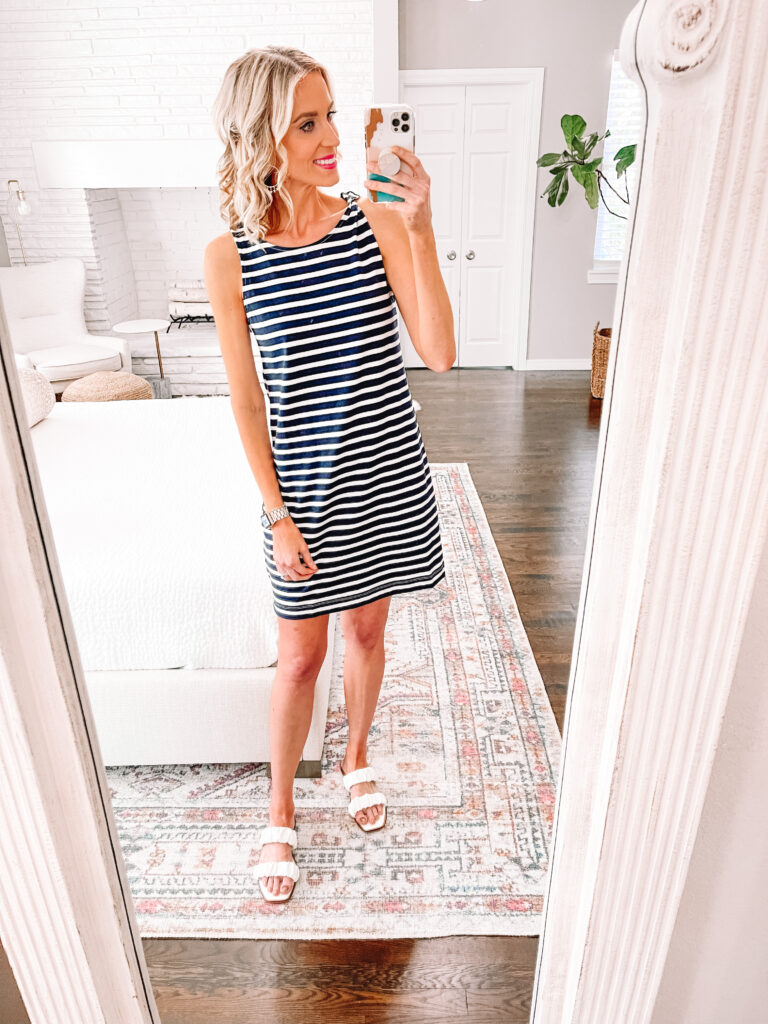 8 mix and match 4th of July outfit ideas with pieces all under $26 that you can wear again and again! You'll love this navy and white stripe t-shirt dress. Such a great basic!