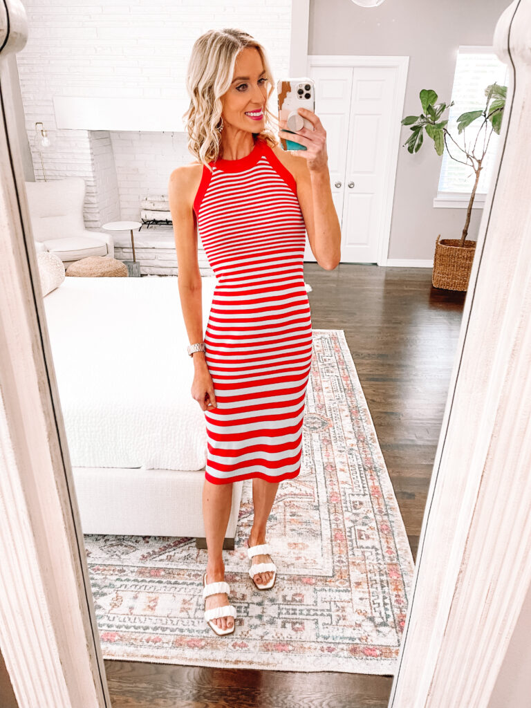 8 mix and match 4th of July outfit ideas with pieces all under $26 that you can wear again and again! Like this red and light blue stripe sweater dress. 