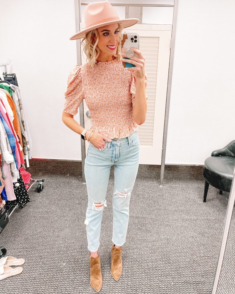 I am sharing a huge Nordstrom Anniversary Sale early access try on haul! 17 outfits will all the fall outfit inspiration you need! I love these slim straight leg jeans! They are perfect with ankle booties and this smocked top!