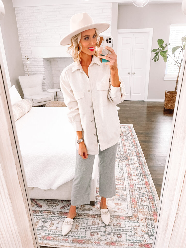 I am loving this Amazon wide leg jumpsuit! It's so comfy!! I'm sharing 4 ways to style it for now and later. I love adding a shacket. closed toed shoes, and a hat for a fall look.