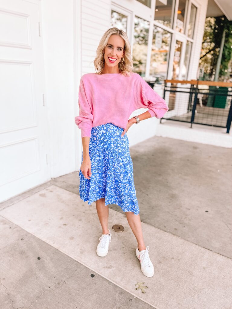 I'm loving this blue Amazon floral skirt! Style it for now with a simple white t-shirt and for later with a cute pink sweater. 