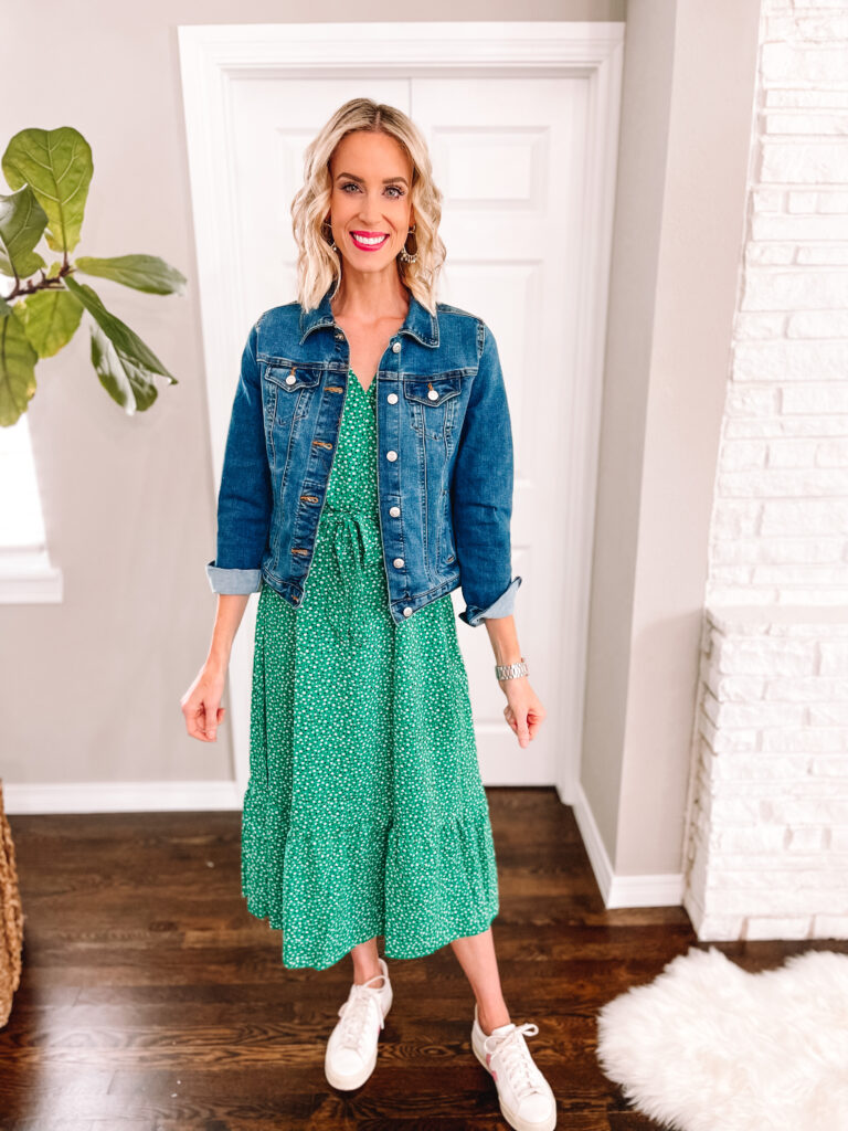 If you're looking for some work outfit inspiration, then you have come to the right place! I'm sharing two Amazon work dresses and two ways to style each! I love this green wrap midi dress. Pair it with an easy layer for cooler weather.