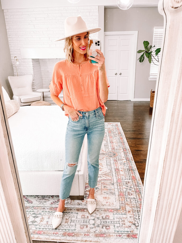 If you are looking for high quality, affordable pieces that you can wear now and transition to fall I've got the post for you! I'm excited to share my first Gibsonlook try on haul! I love this peach henley blouse styled with jeans and mules. 