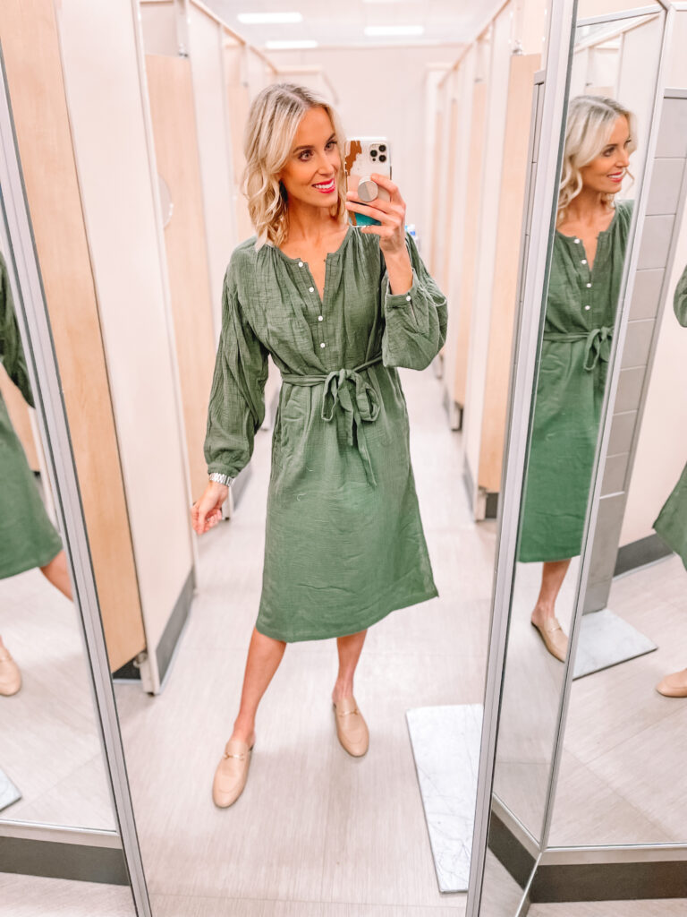 I have a huge Target try on for you today full of affordable fall work outfit ideas! These are all business casual outfits designed for the more casual office. They would also make great teacher outfit ideas. This green midi dress will go with so much!