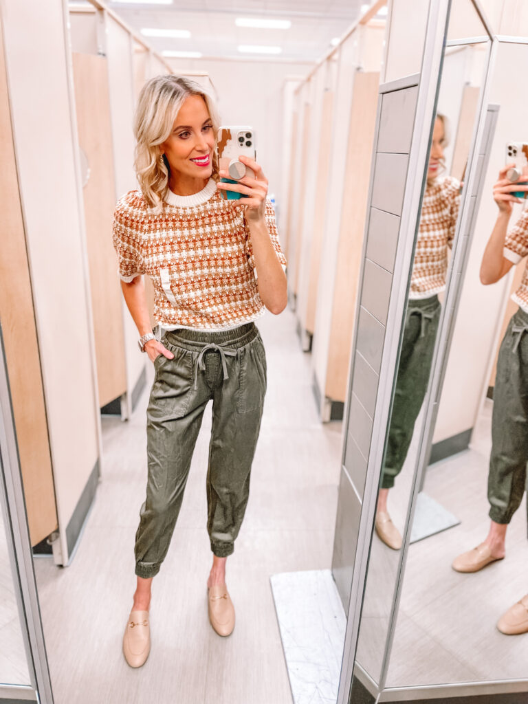 I have a huge Target try on for you today full of affordable fall work outfit ideas! These are all business casual outfits designed for the more casual office. They would also make great teacher outfit ideas. I love these flattering olive green joggers with this fun sweater.