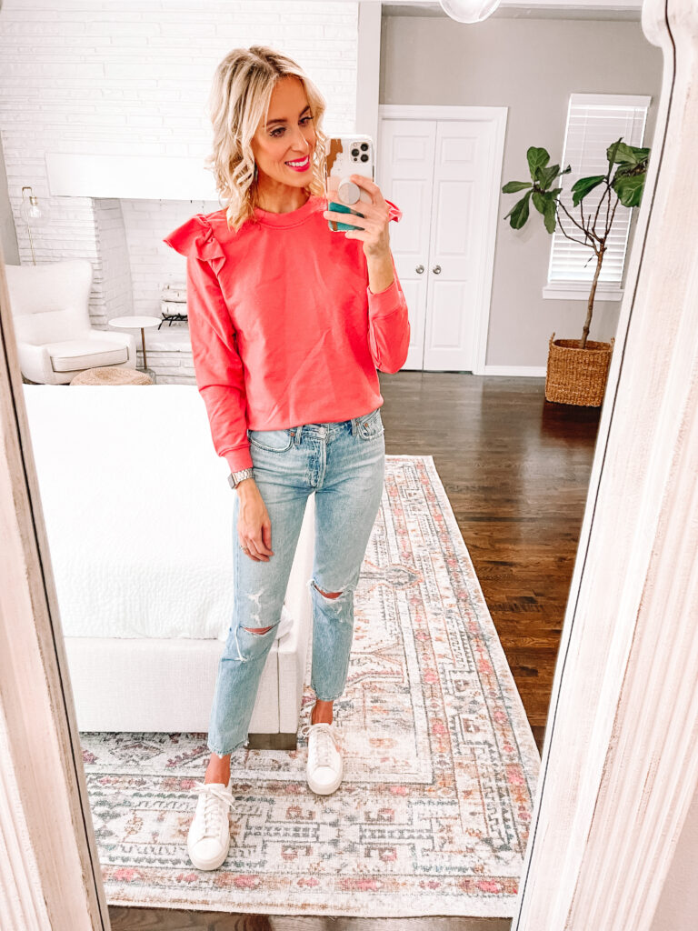 I have a HUGE fall Walmart try on haul with a ton of really cute, affordable fall outfit ideas. I found some really awesome buys! This $18 ruffle sweatshirt will be a closet go-to!