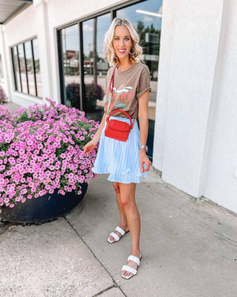 I'm sharing this $20 skirt styled 3 ways all with pieces $20 and under! It's so cute for the price! I love it with this $10 graphic tee!