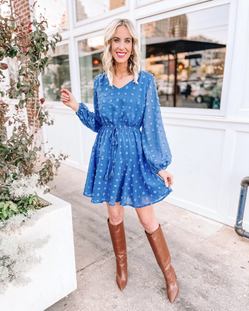 Looking for cute, affordable, and quick family photo outfits? I've got you covered with these Amazon fall family photo dresses! This blue swiss dot one is gorgeous!