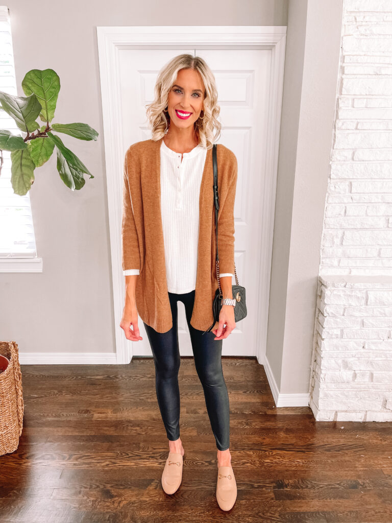 I LOVE a good cardigan in the fall. There is just something about feeling all cozy and layered. I wanted to round up 7 fall cardigans $45 and under for you today! I love this classic camel one. Perfect with leggings!!