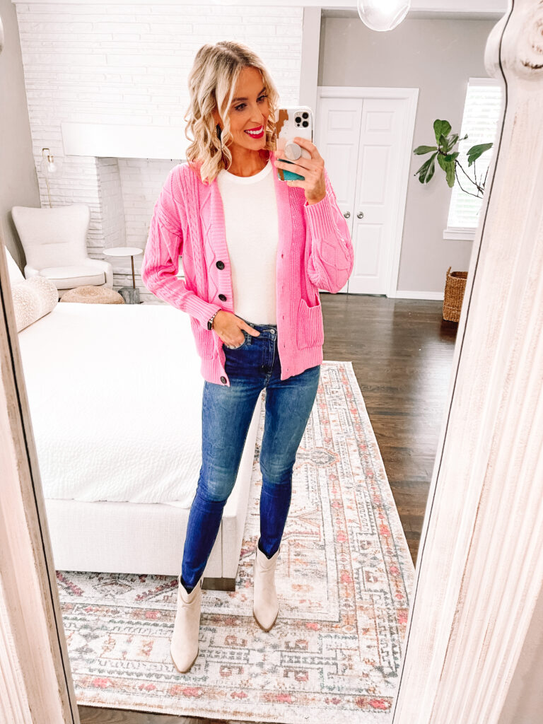 I LOVE a good cardigan in the fall. There is just something about feeling all cozy and layered. I wanted to round up 7 fall cardigans $45 and under for you today! This bright pink grandpa style one is so fun. 