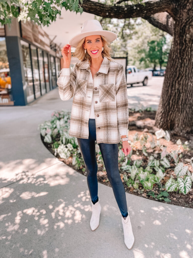 Shackets are all the rage lately, and you are seeing them in all different styles, lengths, and patterns. Today I am showing you how to wear a shacket with several different styling options. I love this plaid shacket with a bodysuit and heeled boots for a dressier look.