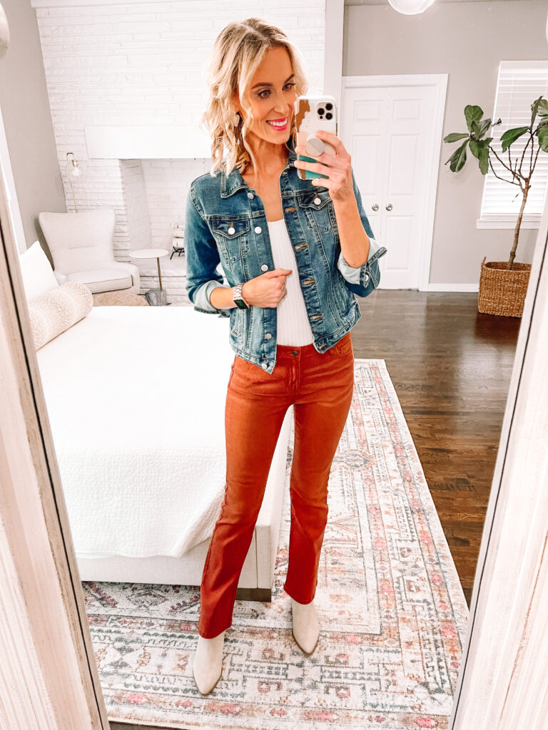 Bootcut jeans are so in right now, and this rust color is perfect for fall!