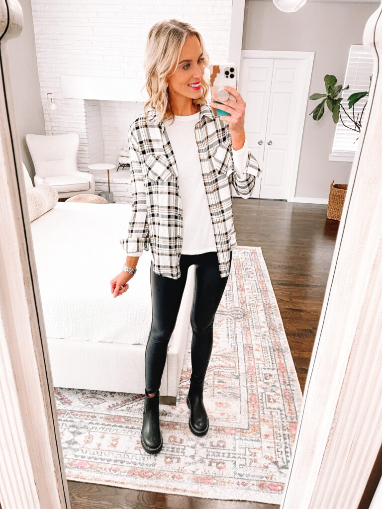 3 ways to style $16 faux leather leggings! These Spanx look for less leggings will be a favorite! Just add a flannel and boots for a cute casual look.
