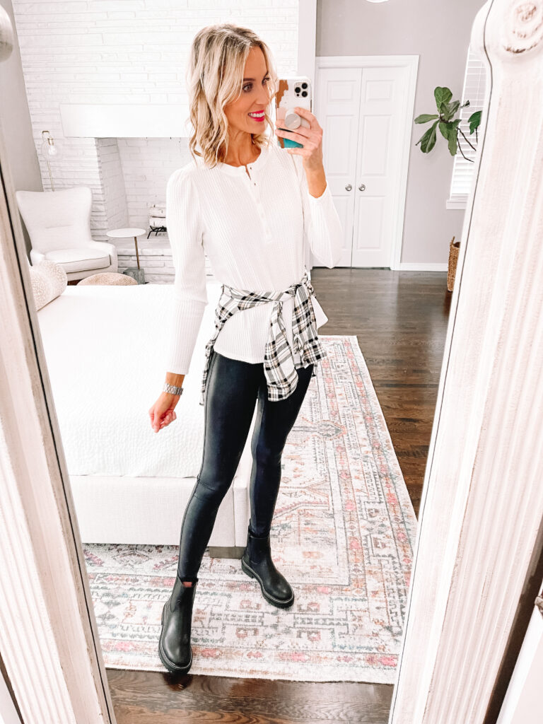 3 ways to style $16 faux leather leggings! These Spanx look for less leggings will be a favorite! Try tying a flannel at your waist.
