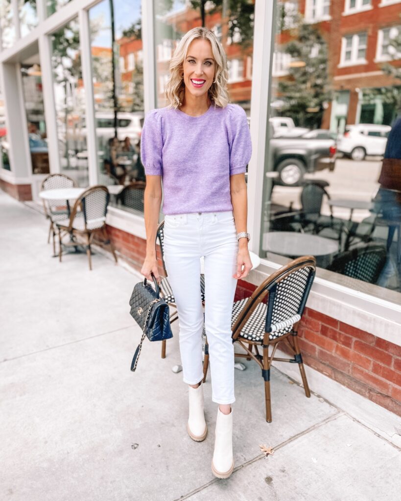 Wondering how to wear chunky lug sole chelsea boots? I'm sharing tips and how to details with different outfit types in a 2 part post! Starting with this cute slim straight jean outfit combo.