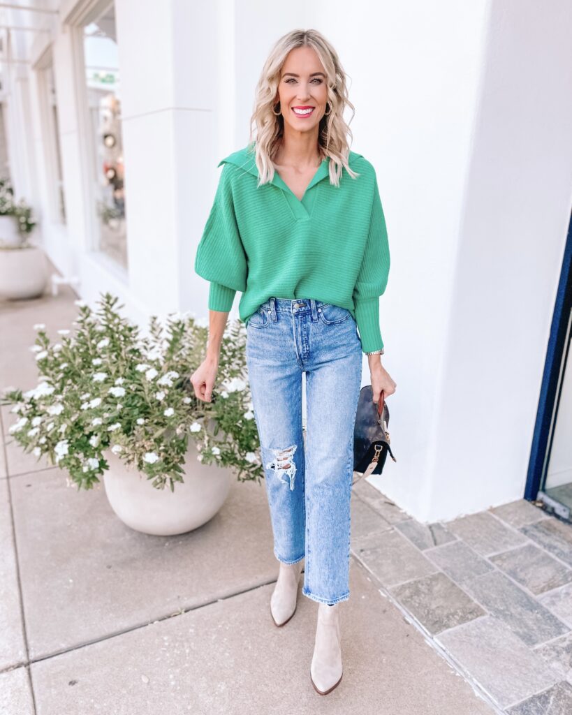 This trendy Amazon green fall sweater checks all the boxes for the hottest seasons must haves! I love it with my looser denim and boots.