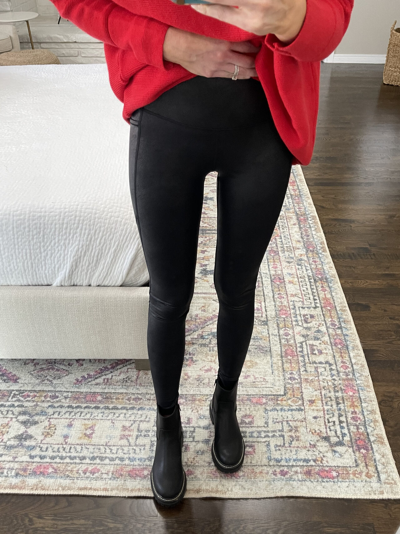 You will LOVE the Spanx look a like faux leather leggings. Available with or without the phone pocket and just $28. 