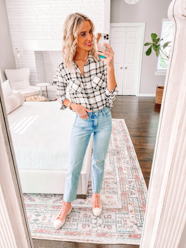 All new huge Walmart fall try on haul with all the fall trendy items for less! This $34 pair of straight leg jeans is a great option for the price. 
