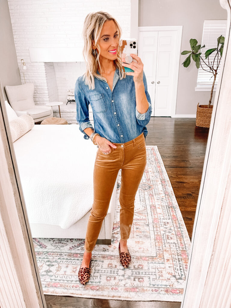 Looking for the perfect fall pant? I've found them! Sharing 8 ways to wear corduroy pants. They will take you from work to weekend in style. Try a classic chambray shirt with them.