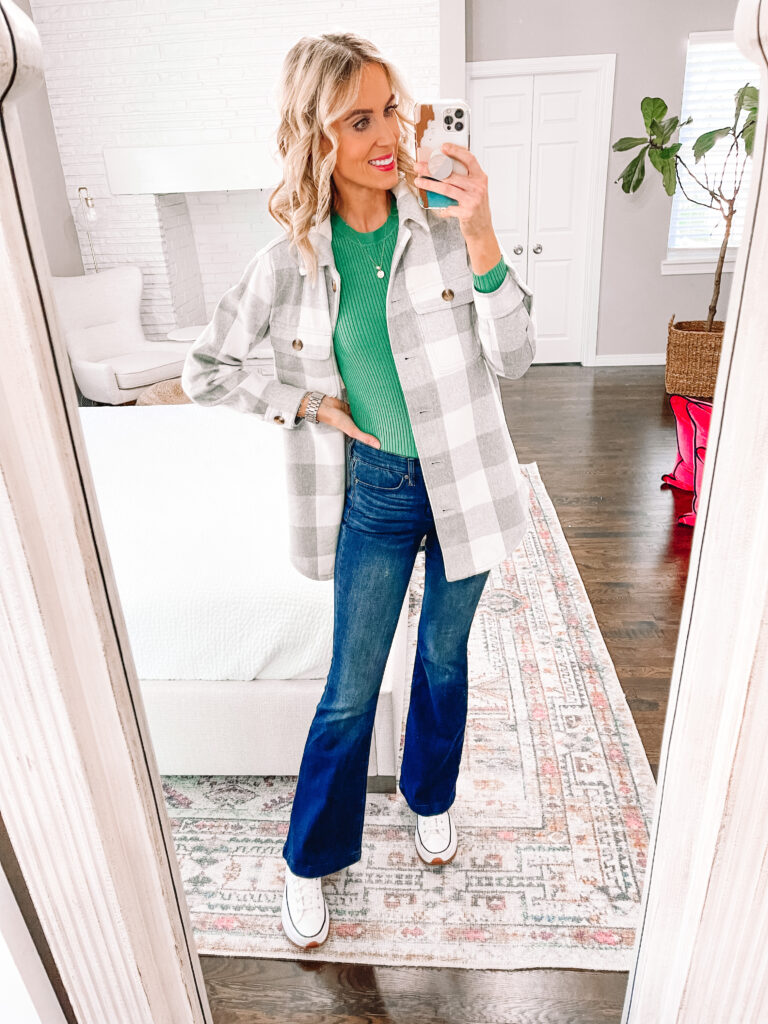 Shackets are all the rage lately, and you are seeing them in all different styles, lengths, and patterns. Today I am showing you how to wear a shacket with several different styling options. Try one with flare jeans!