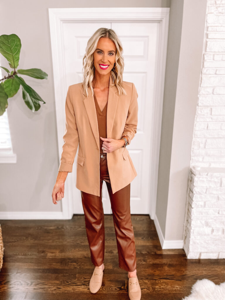 Leather is a huge trend for the fall! Today I am dishing on how to wear leather pants plus sharing an amazing pair for just $20!! Just add a blazer for a chic outfit anytime. 