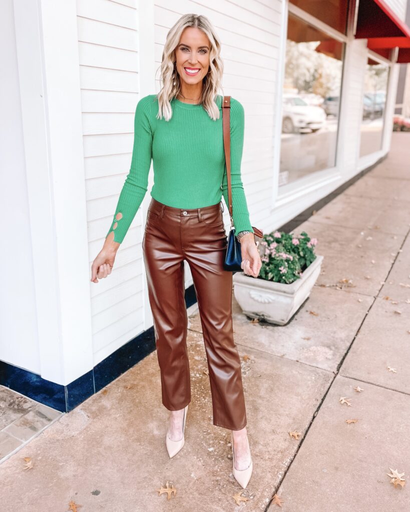 Leather is a huge trend for the fall! Today I am dishing on how to wear leather pants plus sharing an amazing pair for just $20!! I love this brown and green combination.