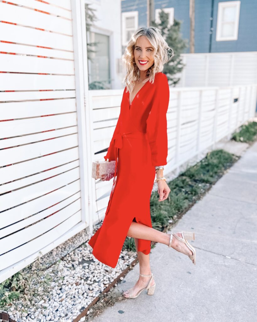 This Amazon red sweater dress is GORGEOUS you all! If you are looking for an affordable holiday party dress, look no further! It is a gorgeous red midi sweater dress with a v-neck and side slit. 
